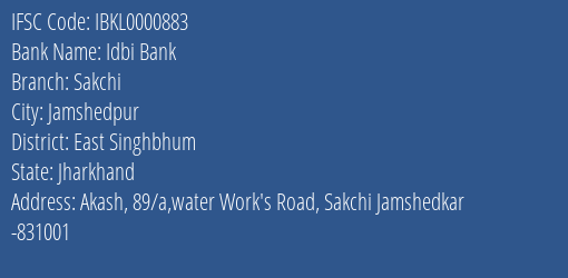 Idbi Bank Sakchi Branch, Branch Code 000883 & IFSC Code IBKL0000883