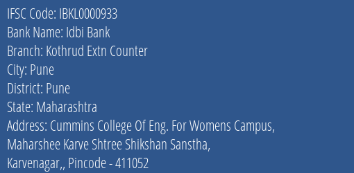 Idbi Bank Kothrud Extn Counter Branch Pune IFSC Code IBKL0000933