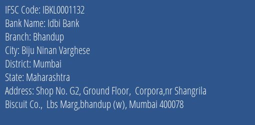 Idbi Bank Bhandup Branch Mumbai IFSC Code IBKL0001132