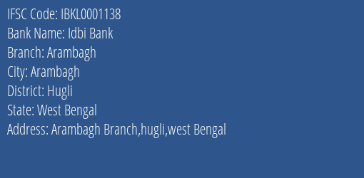Idbi Bank Arambagh Branch Hugli IFSC Code IBKL0001138