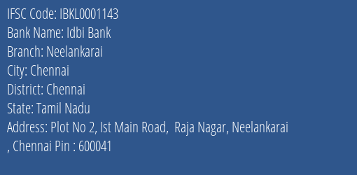 Idbi Bank Neelankarai Branch Chennai IFSC Code IBKL0001143