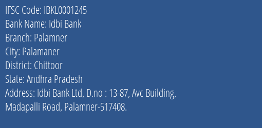 Idbi Bank Palamner Branch Chittoor IFSC Code IBKL0001245