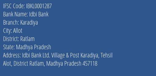 Idbi Bank Karadiya Branch Ratlam IFSC Code IBKL0001287