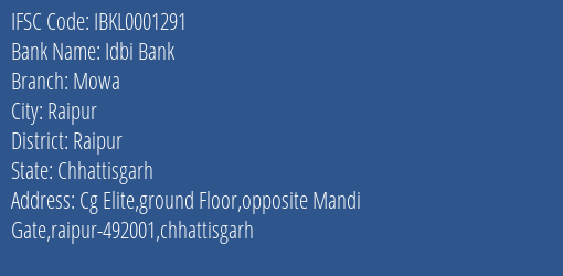 Idbi Bank Mowa Branch Raipur IFSC Code IBKL0001291
