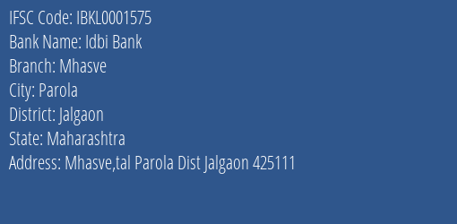 Idbi Bank Mhasve Branch Jalgaon IFSC Code IBKL0001575
