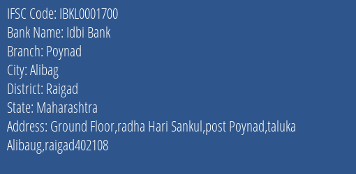 Idbi Bank Poynad Branch Raigad IFSC Code IBKL0001700