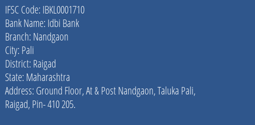 Idbi Bank Nandgaon Branch Raigad IFSC Code IBKL0001710