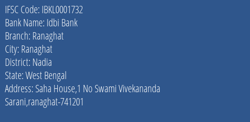 Idbi Bank Ranaghat Branch Nadia IFSC Code IBKL0001732