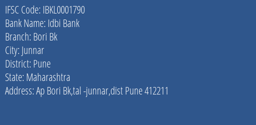 Idbi Bank Bori Bk Branch Pune IFSC Code IBKL0001790