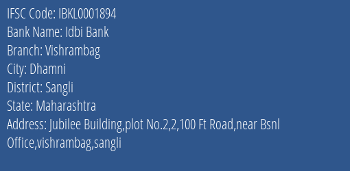 Idbi Bank Vishrambag Branch Sangli IFSC Code IBKL0001894