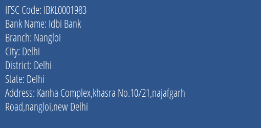 Idbi Bank Nangloi Branch Delhi IFSC Code IBKL0001983