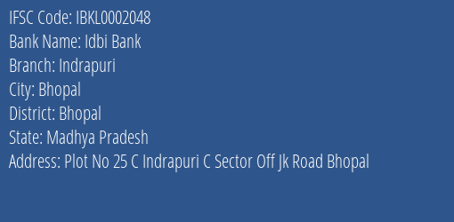 Idbi Bank Indrapuri Branch Bhopal IFSC Code IBKL0002048