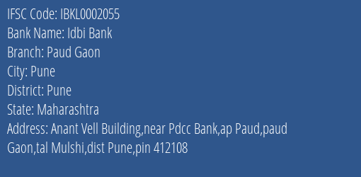 Idbi Bank Paud Gaon Branch Pune IFSC Code IBKL0002055