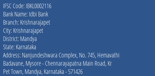 Idbi Bank Krishnarajapet Branch Mandya IFSC Code IBKL0002116