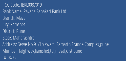 Pavana Sahakari Bank Ltd Maval Branch Pune IFSC Code IBKL0087019