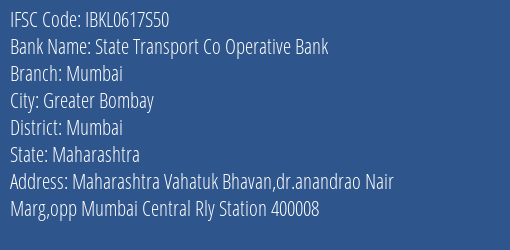 Idbi Bank Statetransportcoopbank Mumbai Branch Greater Bombay IFSC Code IBKL0617S50