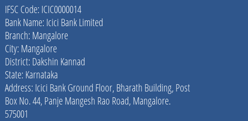 Icici Bank Mangalore Branch Dakshin Kannad IFSC Code ICIC0000014