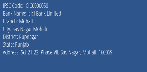 Icici Bank Mohali Branch Rupnagar IFSC Code ICIC0000058
