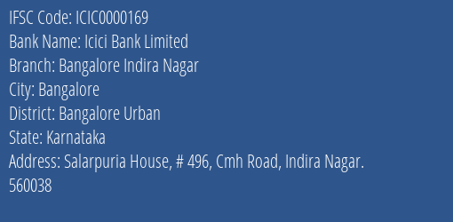 Icici Bank Bangalore Indira Nagar Branch Bangalore Urban IFSC Code ICIC0000169
