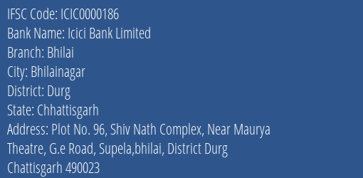 Icici Bank Bhilai Branch Durg IFSC Code ICIC0000186