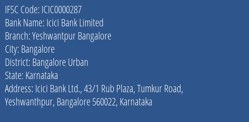 Icici Bank Yeshwantpur Bangalore Branch Bangalore Urban IFSC Code ICIC0000287