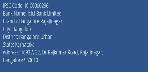 Icici Bank Bangalore Rajajinagar Branch Bangalore Urban IFSC Code ICIC0000296