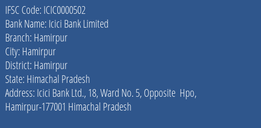 Icici Bank Hamirpur Branch Hamirpur IFSC Code ICIC0000502