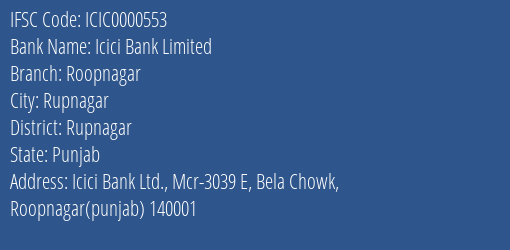 Icici Bank Roopnagar Branch Rupnagar IFSC Code ICIC0000553
