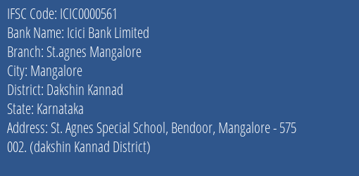 Icici Bank St.agnes Mangalore Branch Dakshin Kannad IFSC Code ICIC0000561