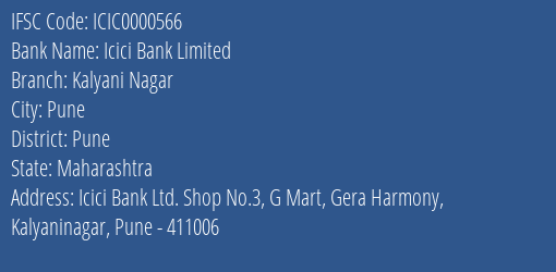Icici Bank Kalyani Nagar Branch Pune IFSC Code ICIC0000566