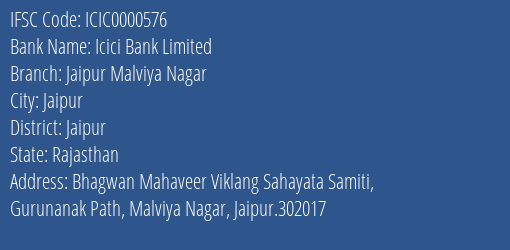 Icici Bank Jaipur Malviya Nagar Branch Jaipur IFSC Code ICIC0000576