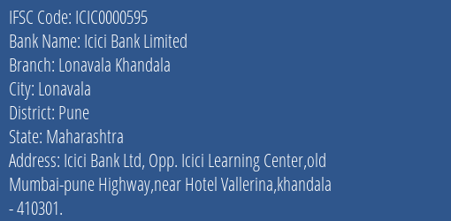 Icici Bank Lonavala Khandala Branch Pune IFSC Code ICIC0000595