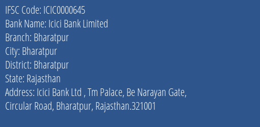Icici Bank Bharatpur Branch Bharatpur IFSC Code ICIC0000645