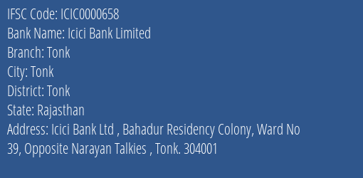 Icici Bank Limited Tonk Branch, Branch Code 000658 & IFSC Code ICIC0000658