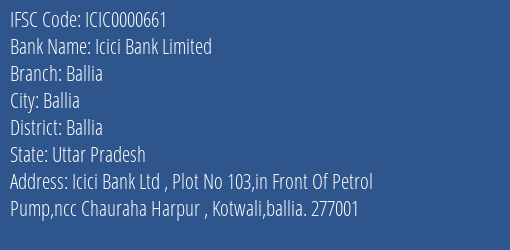 Icici Bank Ballia Branch Ballia IFSC Code ICIC0000661