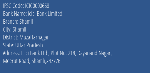 Icici Bank Shamli Branch Muzaffarnagar IFSC Code ICIC0000668