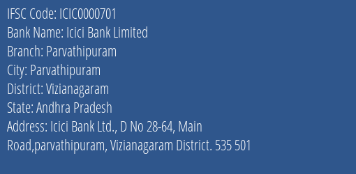 Icici Bank Parvathipuram Branch Vizianagaram IFSC Code ICIC0000701