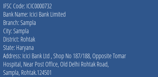 Icici Bank Sampla Branch Rohtak IFSC Code ICIC0000732