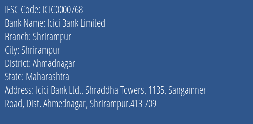 Icici Bank Shrirampur Branch Ahmadnagar IFSC Code ICIC0000768