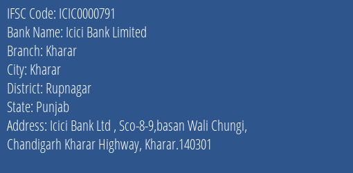 Icici Bank Kharar Branch Rupnagar IFSC Code ICIC0000791