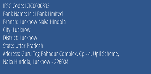 Icici Bank Lucknow Naka Hindola Branch Lucknow IFSC Code ICIC0000833