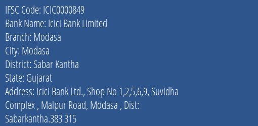 Icici Bank Modasa Branch Sabar Kantha IFSC Code ICIC0000849