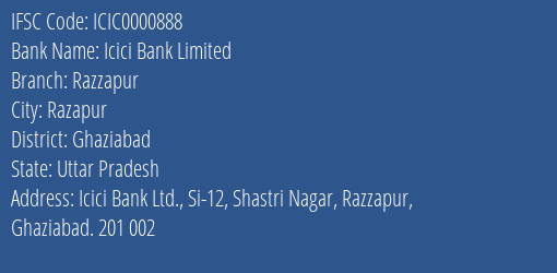 Icici Bank Limited Razzapur Branch, Branch Code 000888 & IFSC Code Icic0000888