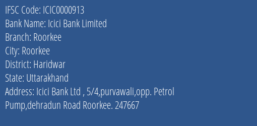Icici Bank Roorkee Branch Haridwar IFSC Code ICIC0000913