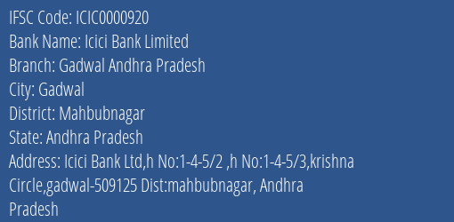 Icici Bank Gadwal Andhra Pradesh Branch Mahbubnagar IFSC Code ICIC0000920