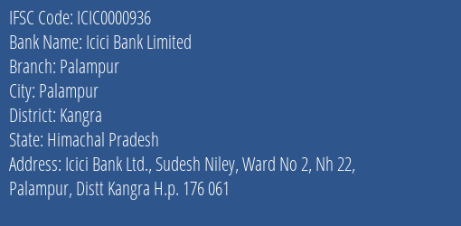 Icici Bank Palampur Branch Kangra IFSC Code ICIC0000936