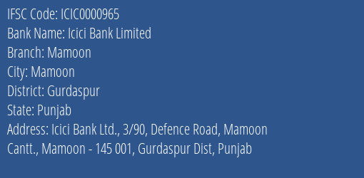 Icici Bank Mamoon Branch Gurdaspur IFSC Code ICIC0000965