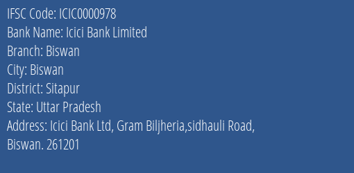 Icici Bank Biswan Branch Sitapur IFSC Code ICIC0000978