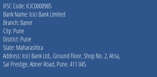 Icici Bank Baner Branch Pune IFSC Code ICIC0000985