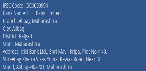 Icici Bank Alibag Maharashtra Branch Raigad IFSC Code ICIC0000994